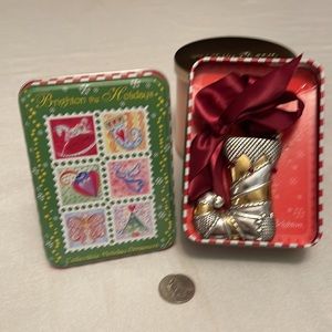Brighton bejeweled Christmas stocking ornament, protective tin, two-tone metal.